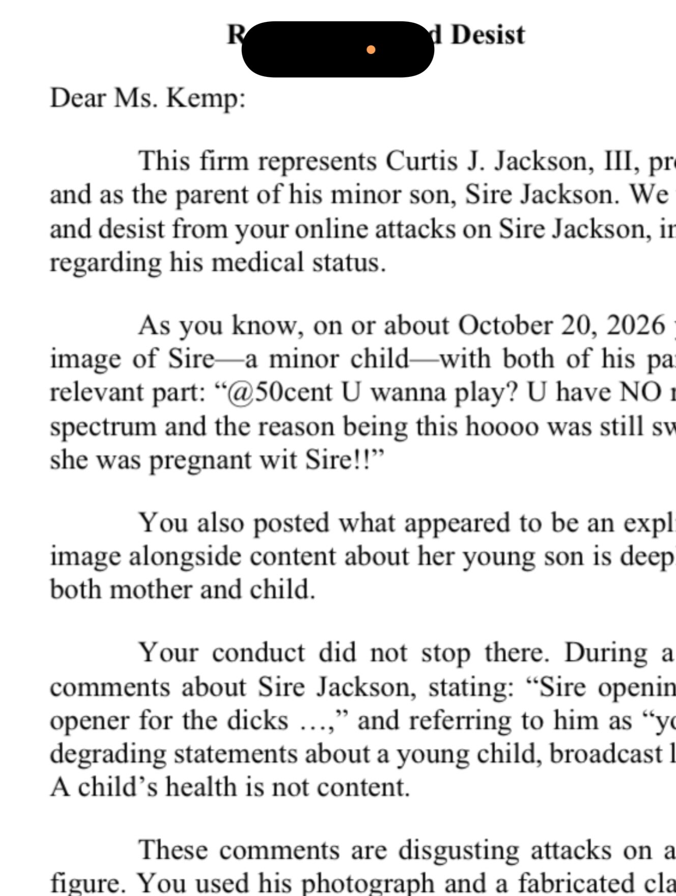 The receipts, posted by @yuntietiaback herself like a trophy: the cease-and-desist from 50 Cent's lawyers over the attacks on his minor son — "A child's health is not content." Via Instagram.